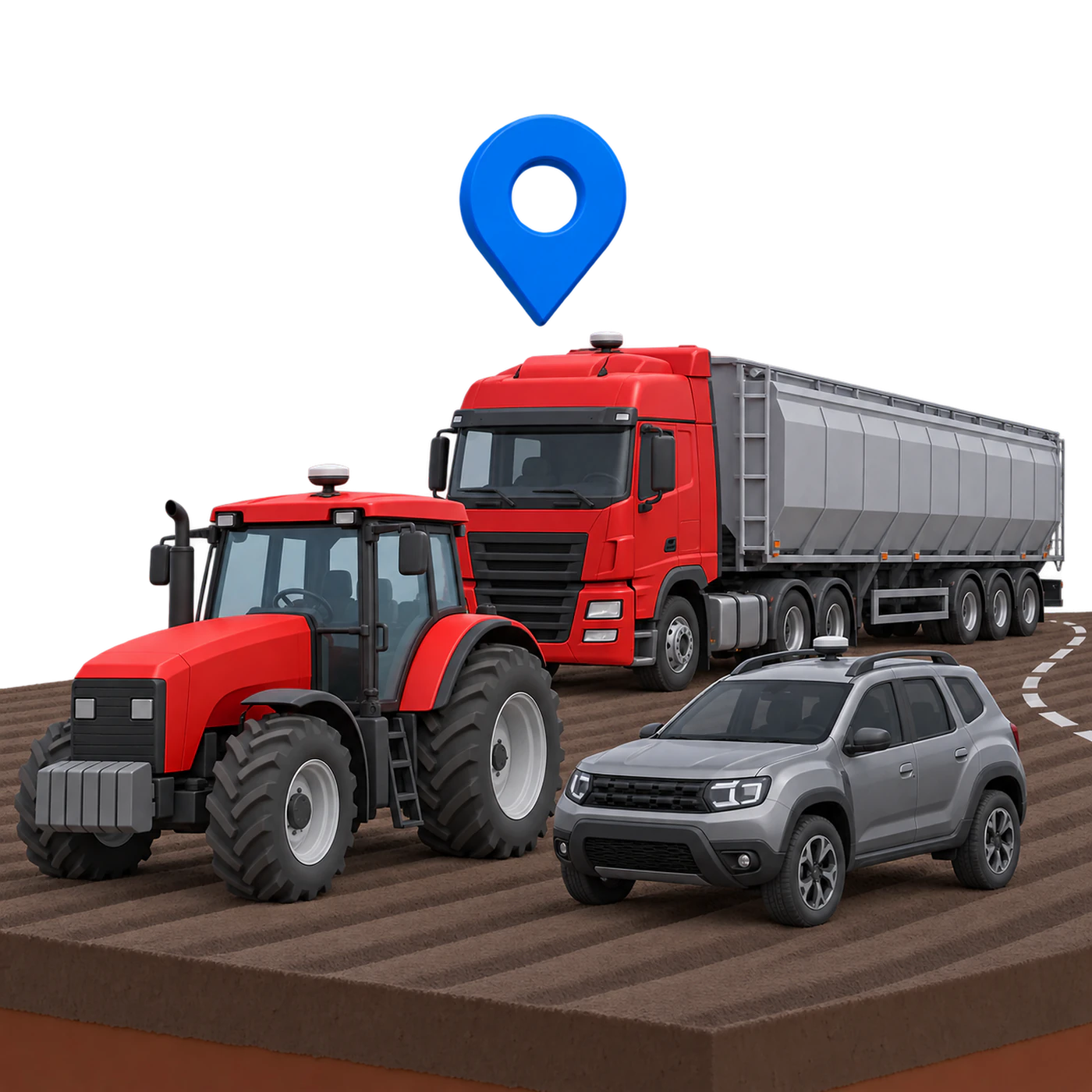 Трактор, вантажівка й легковий автомобіль із GPS-антенами та міткою геолокації